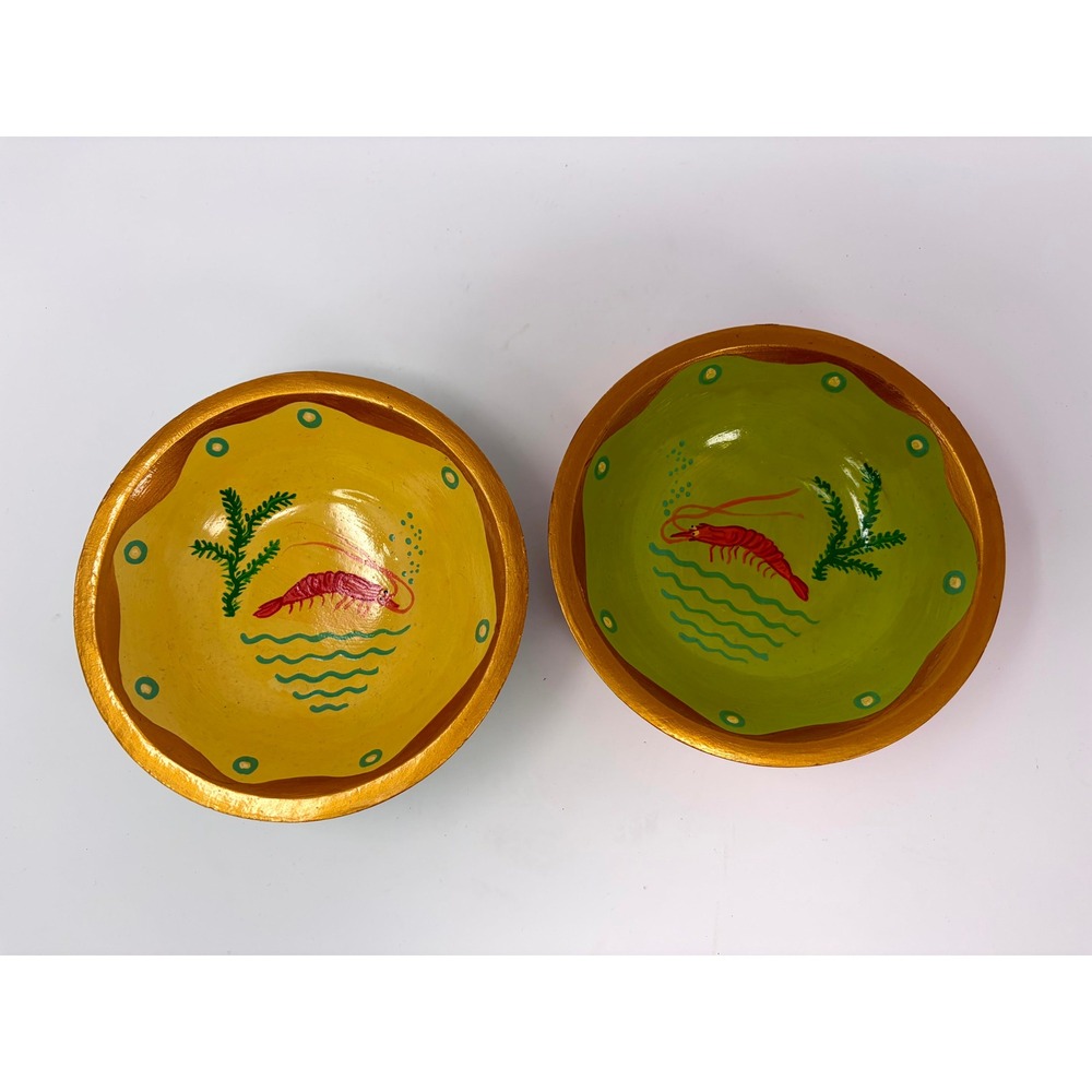 Vintage 1993 Janice Paige Fish Sticks Hand Painted Wood Bowls Shrimp Set of 2